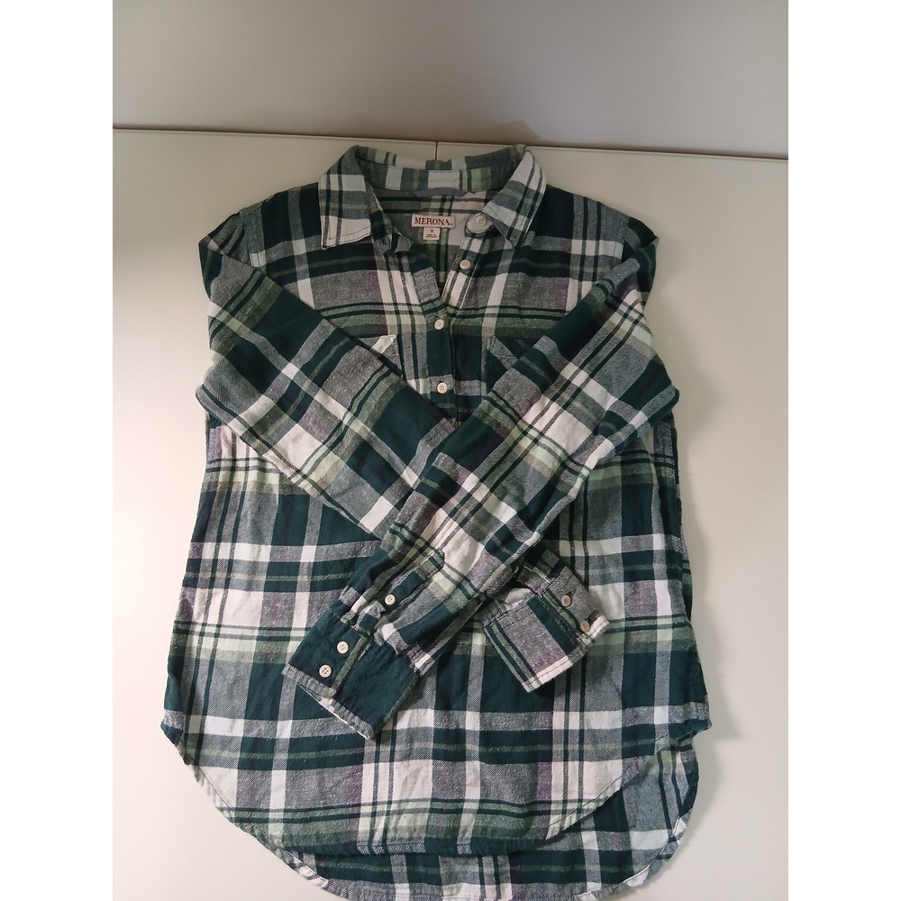 Merona Green Plaid Flannel Long Sleeve Button Up Shirt Womens Small Cotton